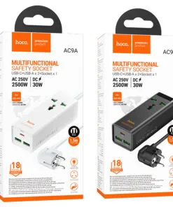 HOCO AC9A 30W 4-Port USB PD Charger 2USB-A+1USB-C+1AC Fast Charging Desktop Charging Station EU Plug with 1.5M Long Cable - Black
