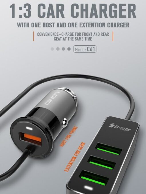 LDNIO C61 Fast Car Charger Auto-ID With 4 USB – Grey - Image 2