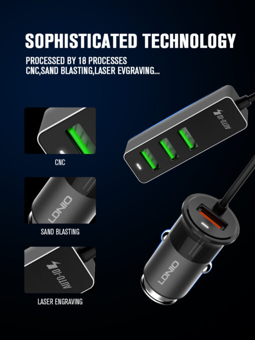 LDNIO C61 Fast Car Charger Auto-ID With 4 USB – Grey - Image 3