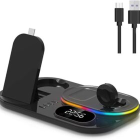 4 in 1 Wireless Charger with Clock/Night Light, Fast QI Wireless Charging Station Stand Dock Compatible for Apple Watch 7 6 SE for Airpods Pro,Black