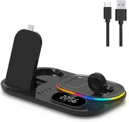4 in 1 Wireless Charger with Clock/Night Light, Fast QI Wireless Charging Station Stand Dock Compatible for Apple Watch 7 6 SE for Airpods Pro,Black